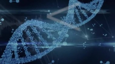 Digital animation of dna and molecular structures over data processing against blue background. Medical research and science technology concept