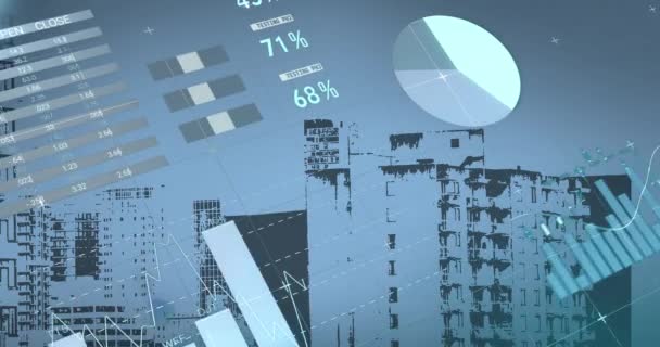 Animation Statistical Data Processing Tall Buildings Blue Background Global Business — Vídeos de Stock