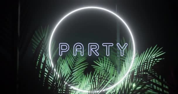 Animation Party Text Ring White Neon Palm Leaves Black Background — Stockvideo