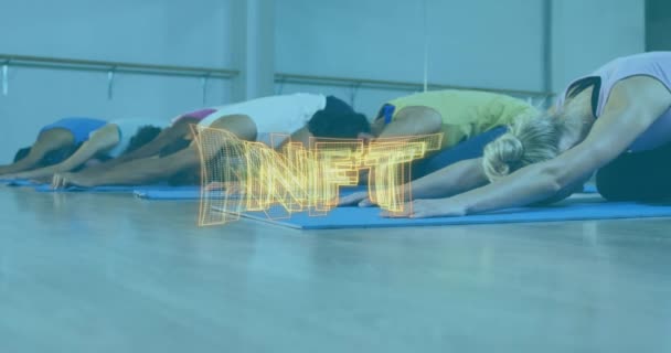 Animation Nft Text Banner Group Diverse Fit People Performing Stretching — Stock videók