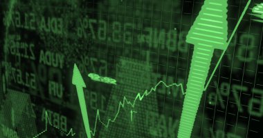 Image of statistics and financial data processing over arrows on black background. Global business, finance and data processing concept digitally generated image.