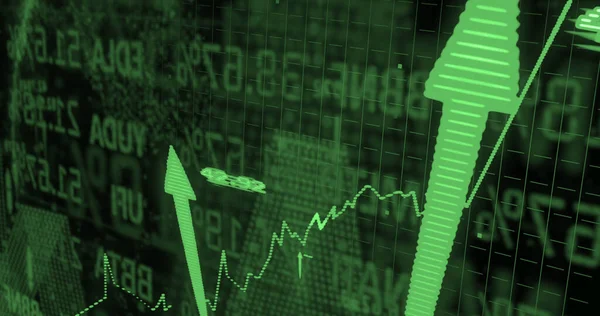 Image of statistics and financial data processing over arrows on black background. Global business, finance and data processing concept digitally generated image.