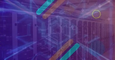 Animation of looping hexagoan, arrow, circle and moving lines against server room. Digital composite, multiple exposure, network security, data center, networking, technology concept.