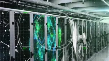 Animation of scope scanning over plexus networks against empty computer server room. Business data storage technology concept