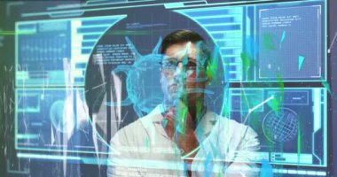 Animation of data processing with virus cells over caucasian male doctor. Global medicine, science and digital interface concept digitally generated video.