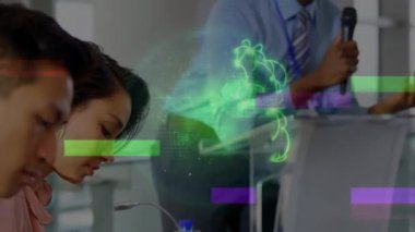 Animation of globe over diverse business people in office. Global business and digital interface concept digitally generated video.