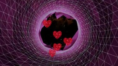 Animation of red heart icons over glowing tunnel against network of connections on black background. Global networking and business technology concept