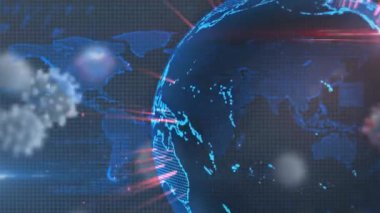 Animation of globe and world map over virus cells. Global pandemic and digital interface concept digitally generated video.