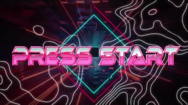 Animation of press start over digital space with squares and isohypses. Video games, communication and technology concept digitally generated video.