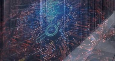 Animation of business solution text over reading glass and server room. Global business and digital interface concept digitally generated video.