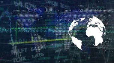 Animation of financial and stock market data processing over world map and spinning globe. Global networking and business technology concept