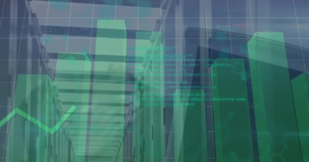 Анімація Цифрової Торгової Дошки Графіків Зелених Барів Над Серверною Кімнатою — стокове відео