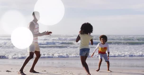 Animacja Lekkich Plam Nad Afrykańską Amerykańską Rodziną Plaży Styl Życia — Wideo stockowe