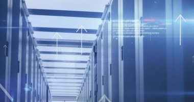 Image of arrows and data processing over computer servers. Global social media, computing, data processing and digital interface concept digitally generated image.