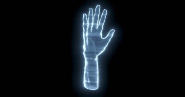 Image of holographic hand on black background. Horror, fright and halloween concept digitally generated image.
