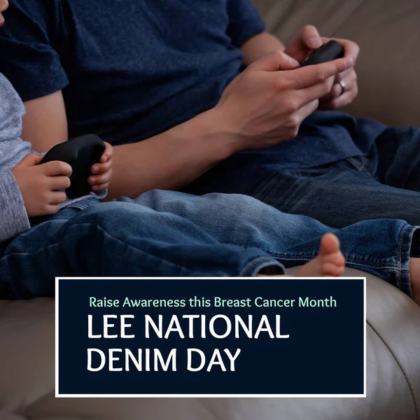 Composition of lee national denim day text over caucasian man with child playing video games. Lee national denim day and celebration concept digitally generated image.