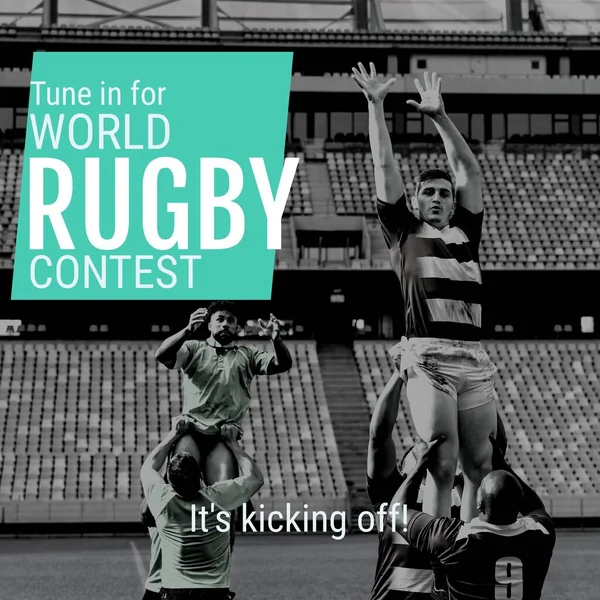 Composition Tune World Rugby Contest Text Diverse Rugby Players World — Zdjęcie stockowe