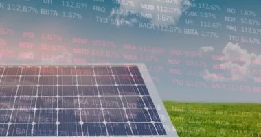 Animation of stock market data processing over solar panel on grass against blue sky. Global economy and solar energy technology concept