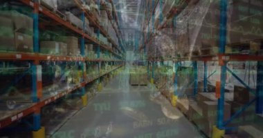 Animation of stock market data processing over empty warehouse against coins falling in the water. Global economy and logistics business technology concept