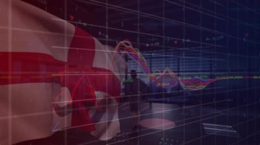 Animation of data processing over flag of england. Global business, national flags and digital interface concept digitally generated video.
