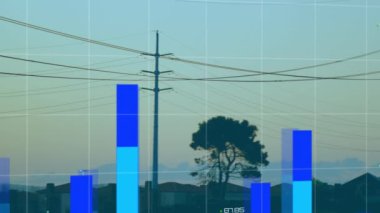 Animation of financial data processing and world map over pylons. Global technology, finances and digital interface concept digitally generated video.
