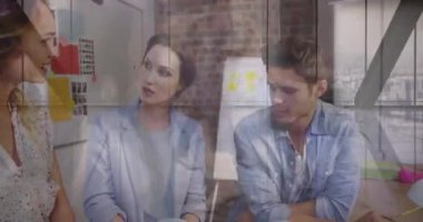 Animation of timelapse with people over happy caucasian coworkers in office. Business, working in office with technology concept digitally generated video.
