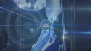 Animation of network of connections over hand of doctor with drip. Health, medicine, connections, network and technology concept digitally generated video.