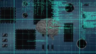 Animation of data processing and digital brain over computer circuit board on blue background. Global technology, computing and digital interface concept digitally generated video.