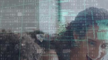 Animation of graphical binary and programming codes over caucasian mother with children. Hologram, digital composite, multiple exposure, family, love, data, computer software, technology.