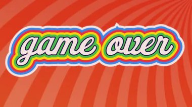 Animation of colorful game over text against striped loop orange background. Illustration, the end, arcade, digitally generated, abstract, video game and competition concept.