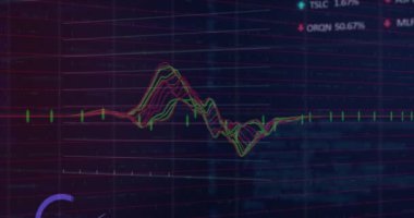 Digital animation of statistical and stock market data processing against blue background. Global economy and business technology concept