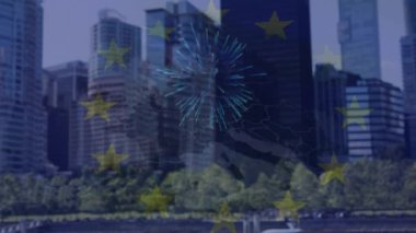 Animation of fireworks exploding over european union flag and map against tall buildings. European union and business concept