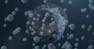 Animation of coronavirus moving around globe and human brain on digital interface. Digital composite, pandemic, covid-19, viral infection, healthcare and medicine, epidemic, science, microbiology.