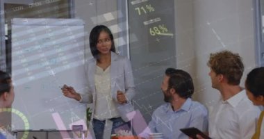 Animation of statistical data processing over african american woman giving a presentation at office. Business data and analytics technology concept