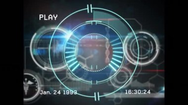 Animation of glitch effect on hud processing with play button, date and time on digital interface. Digital composite, technology, artificial intelligence, data processing.