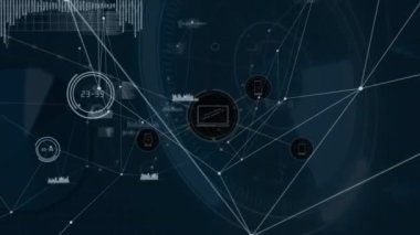 Animation of icon with lines connecting dots against data processing with lock on digital interface. Digital composite, cloud computing, technology, connect the dots, network security.