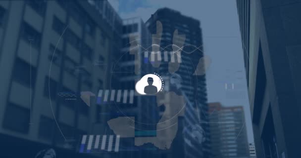 Animation Profile Icons Connecting Dots Data Graph Globe Fingerprints Buildings — Vídeo de Stock
