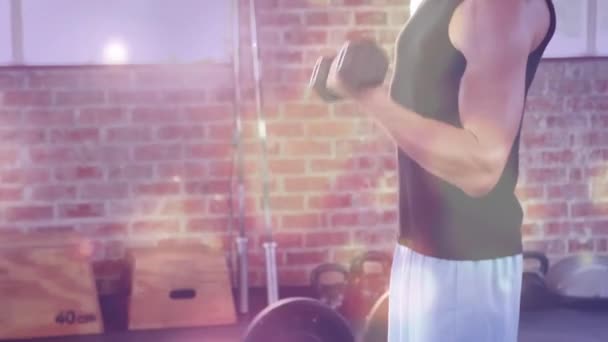 Animation Bokeh Effect Caucasian Young Man Building Muscles Dumbbell Gym — Αρχείο Βίντεο
