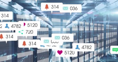 Image of social media icons and numbers and data processing over computer servers. Global social media, computing, data processing and digital interface concept digitally generated image.