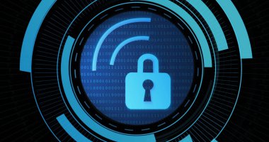 Image of digital padlock and wi fi in processing circle on black background. Data processing, digital security and technology concept digitally generated image.
