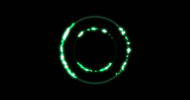 Image of glowing green circles over black background. Colour and movement concept digitally generated image.