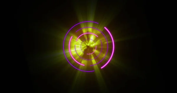Image of glowing pink and purple circles over black background. Colour and movement concept digitally generated image.