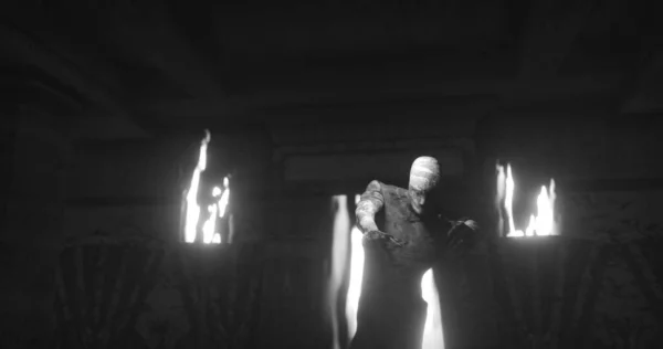 Image Scary Zombie Mummy Walking Dark Room Burning Torches Black — Zdjęcie stockowe