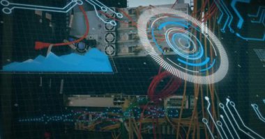 Animation of round scanner and data processing over close up of a computer server. Computer interface and business data storage technology concept