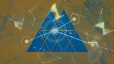 Animation of abstract triangular shapes and network of digital icons against spinning globe. Global networking and business technology concept