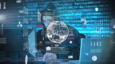 Animation of globe, graphs and data processing over caucasian male hacker. Global data safety, digital security, network and technology concept digitally generated video.
