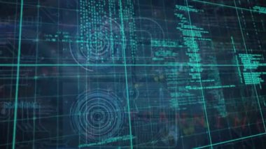 Animation of data processing and padlock icon over computer circuit board on black background. Global technology, computing and digital interface concept digitally generated video.