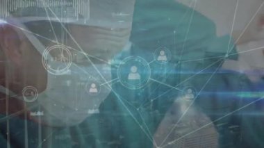 Animation of network of connections over caucasian male surgeon tying face mask. Health, medicine, connections, network and technology concept digitally generated video.