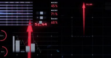 Animation of financial data processing with arrows on black background. Global business, finances and digital interface concept digitally generated video.