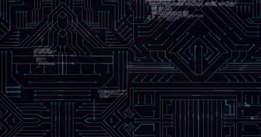 Animation of microprocessor connections over data processing against black background. Computer interface and business technology concept
